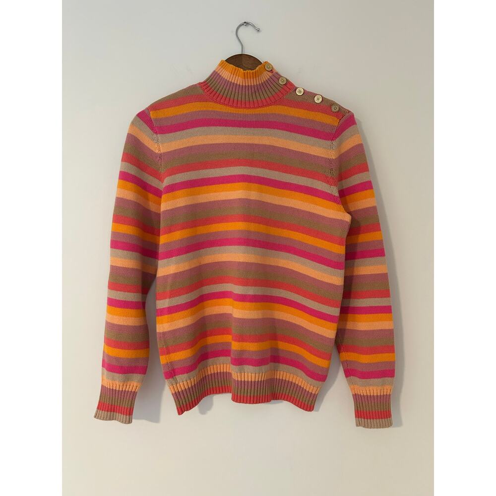 Liz Claiborne Striped Knit Sweater 100% Cotton Sunset Orange Pink Tan Gold EUC L